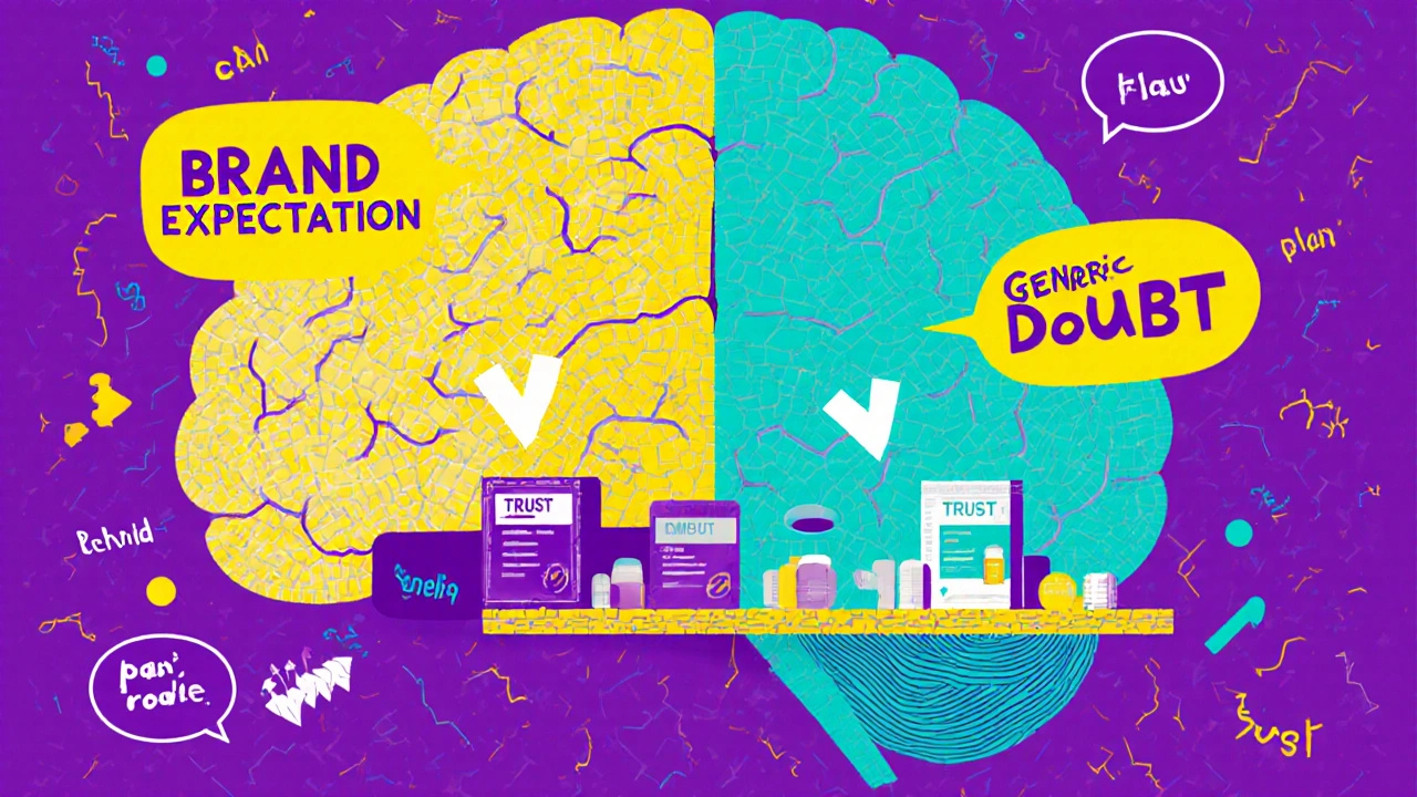 A mosaic brain split between brand expectation and generic doubt, with pills and words floating in vibrant Memphis style.