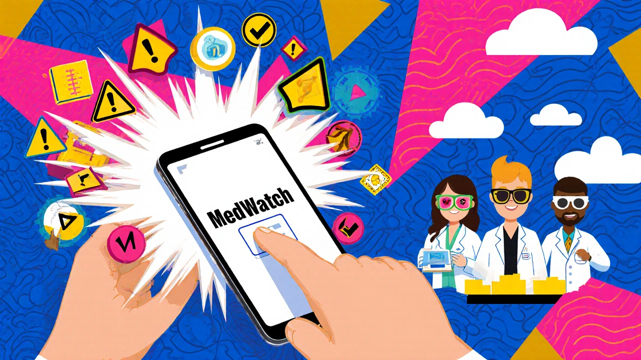 A patient reporting a side effect on a phone, surrounded by safety icons in bold Memphis colors.