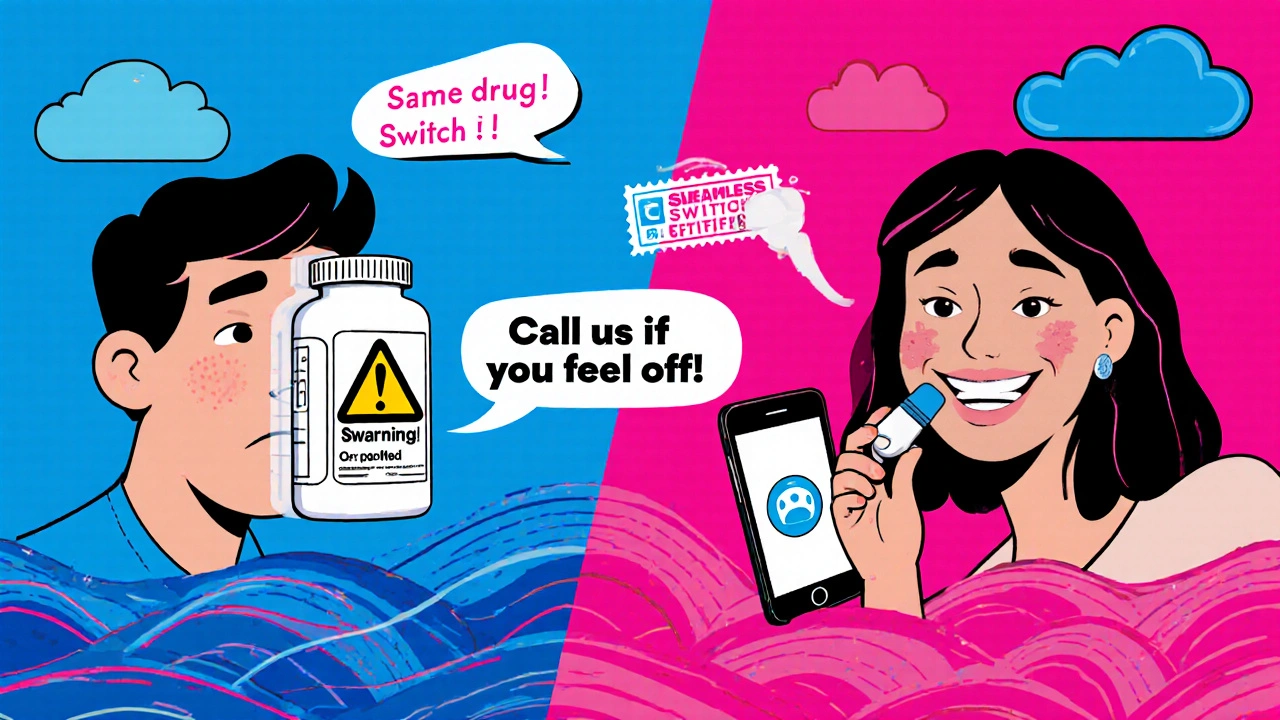 A split scene showing a patient’s anxiety turning to relief as they take a certified generic pill with a phone app monitoring adherence, in bright Memphis Design colors.