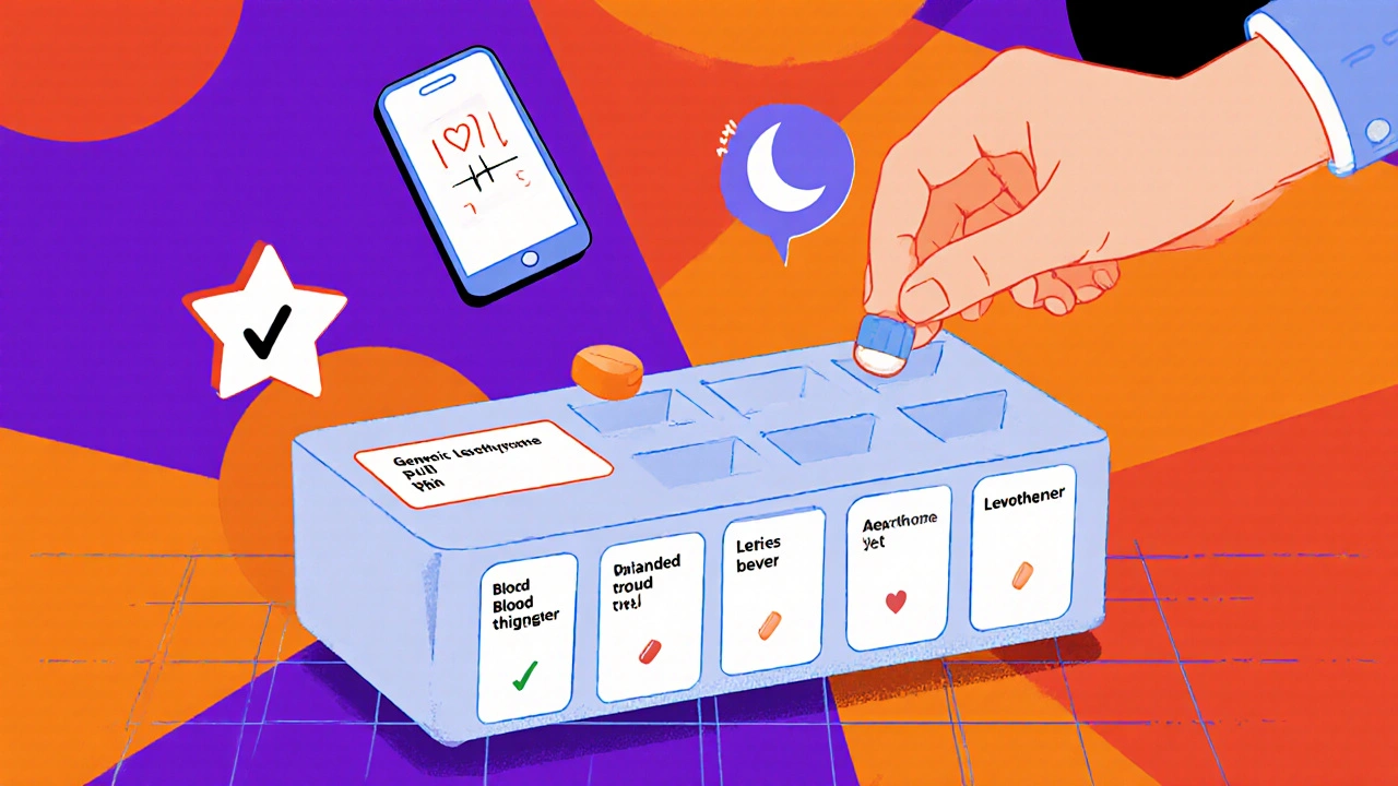 A vibrant pill organizer with shaped pills in labeled slots, surrounded by icons of a phone, checkmark, and heartbeat, in bold geometric patterns.