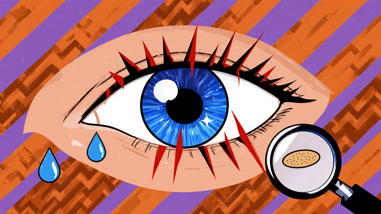 An inward-turning eyelid with lashes rubbing a shiny cornea, illustrated in vibrant Memphis Design patterns with irritation lines and teardrops.