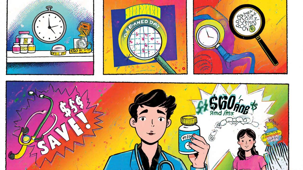 Comic-style checklist with pharmacy, doctor, and savings icons in vibrant Memphis design colors.