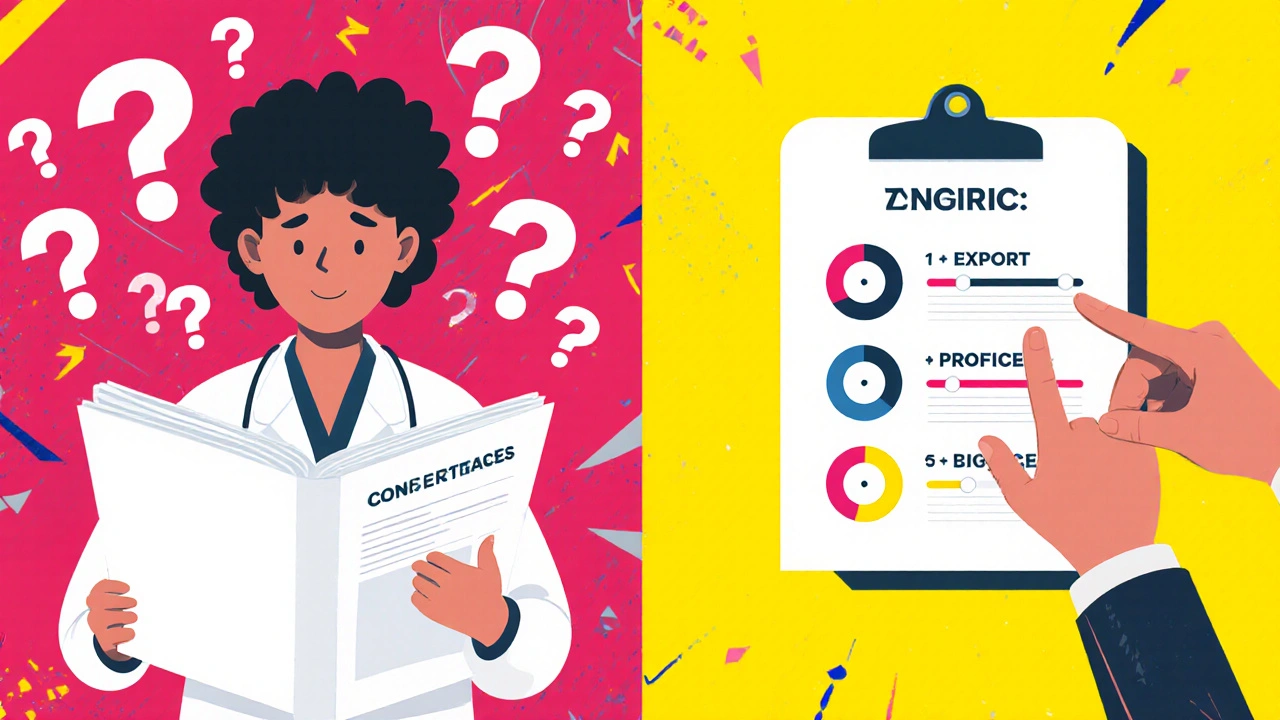 Confused patient with booklet vs. confident patient using a simple confidence slider and rubric.