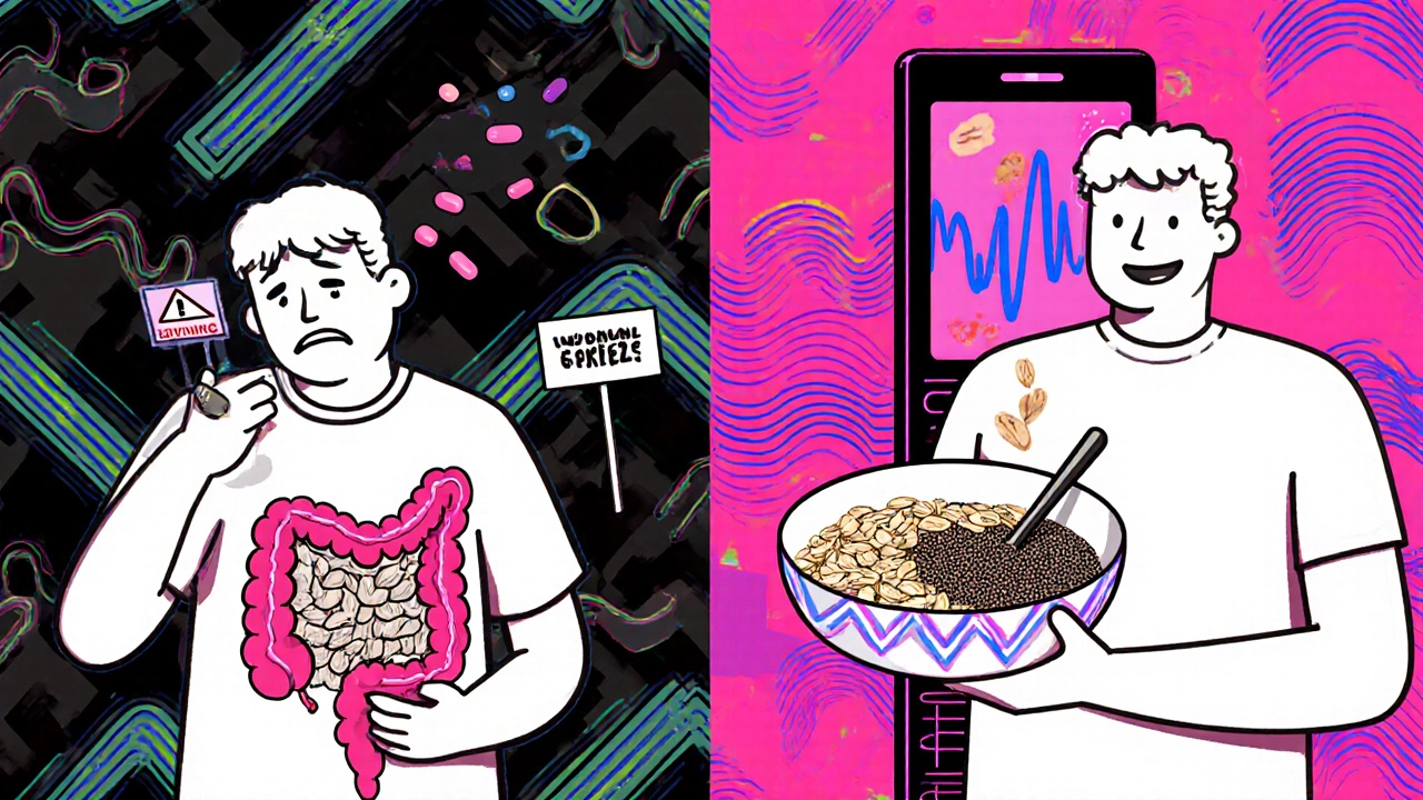 Contrasting image of laxative dependence vs. healthy habits in Memphis-style geometric art