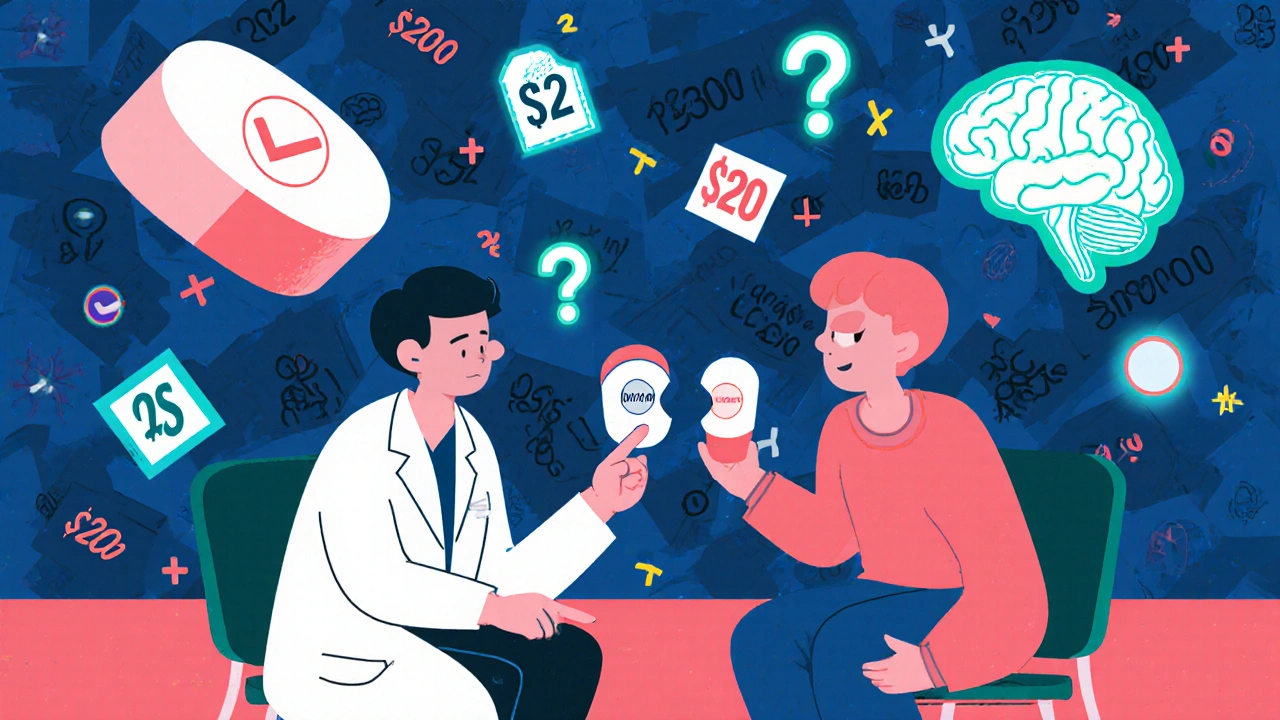 Doctor and patient in a surreal clinic surrounded by floating pills and price tags, illustrating perception vs reality.