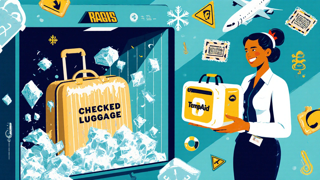 Frozen suitcase in cargo hold vs. safe cooler in passenger’s hands at airport.