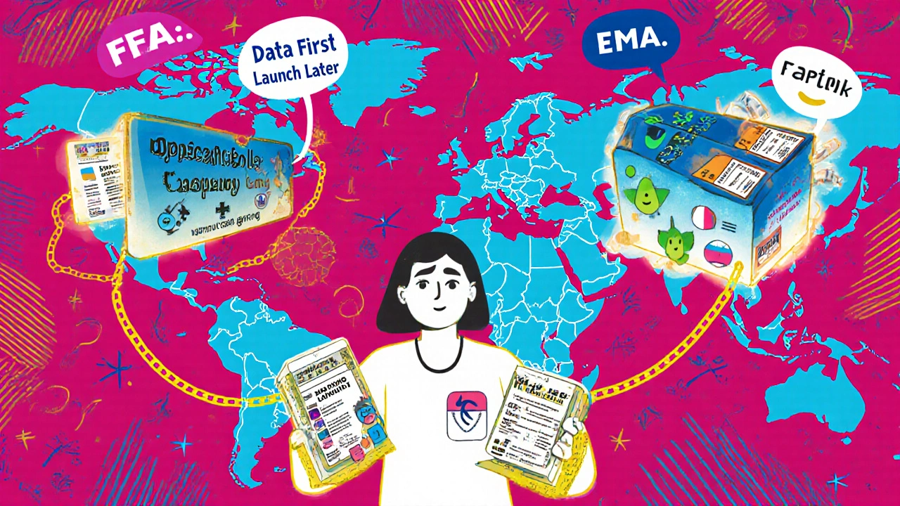 Global map showing slow FDA drug path vs. fast EMA path, patient confused holding two different labels with multilingual symbols.