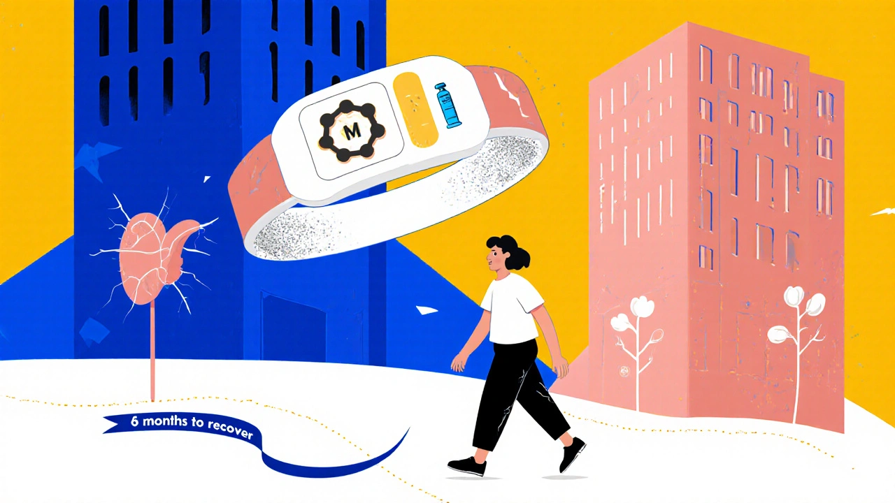 Medical alert bracelet with cortisol icon floating above a city of adrenal gland buildings, symbolizing recovery.