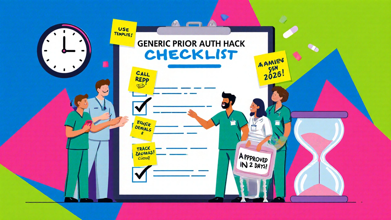 Medical team celebrating around a checklist with flying notes, a patient holding an approved pill bottle.