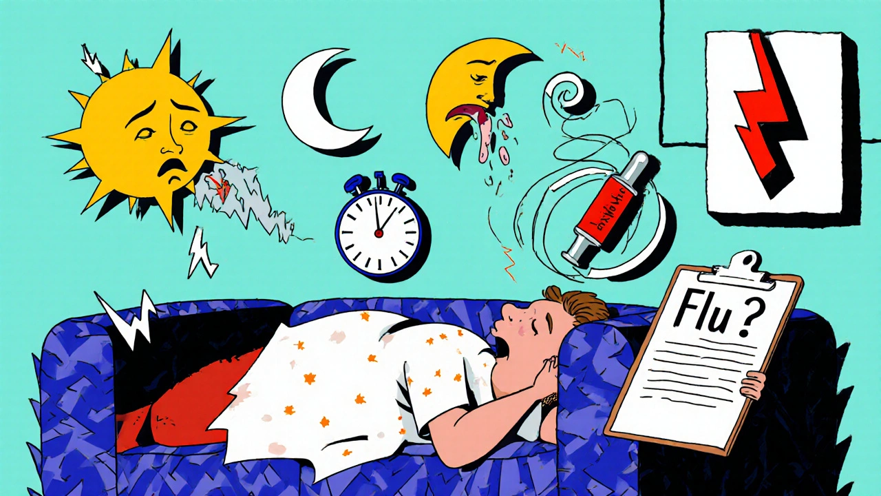 Patient surrounded by floating symptoms like a drooping sun and vomiting moon, with a glowing emergency syringe on the wall.