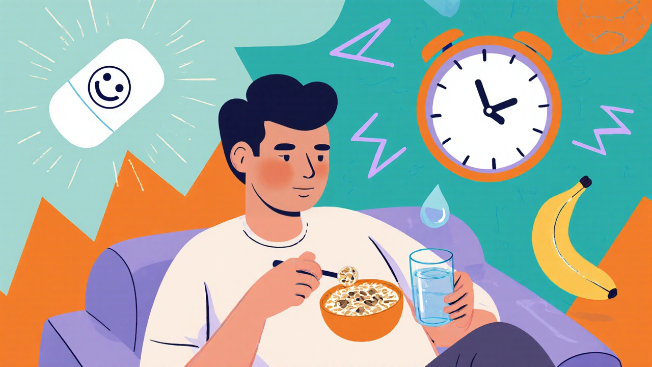 Person eating oatmeal with floating health icons like probiotics and water droplets in Memphis style.