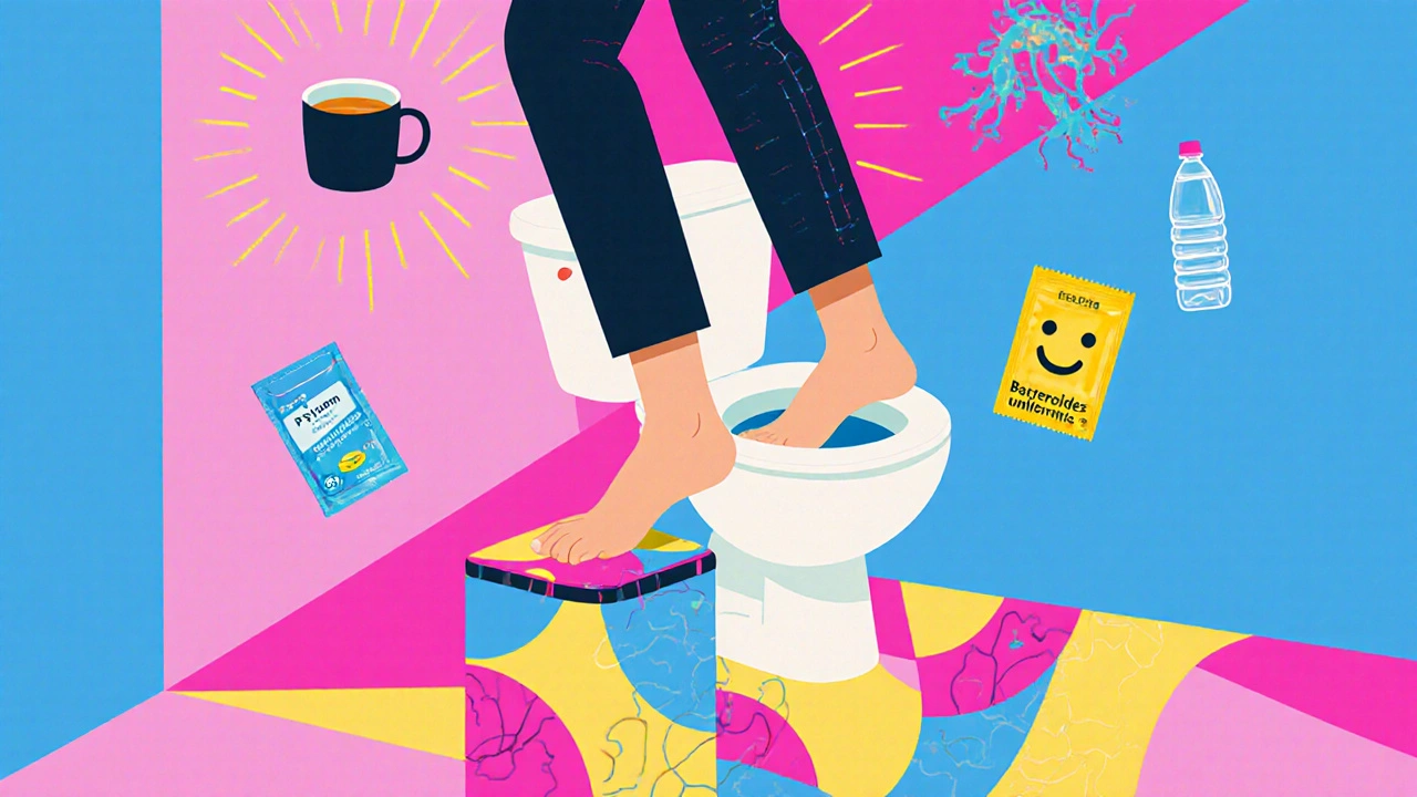 Person using footstool to improve bowel posture with coffee and water nearby in vibrant design