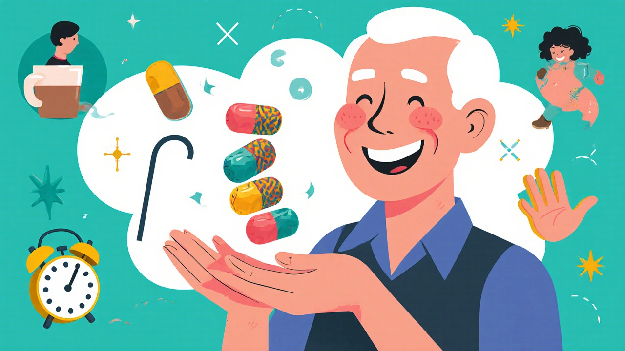 Senior taking one large combination pill as four others disappear, with icons of coffee, cane, and grandchild nearby.