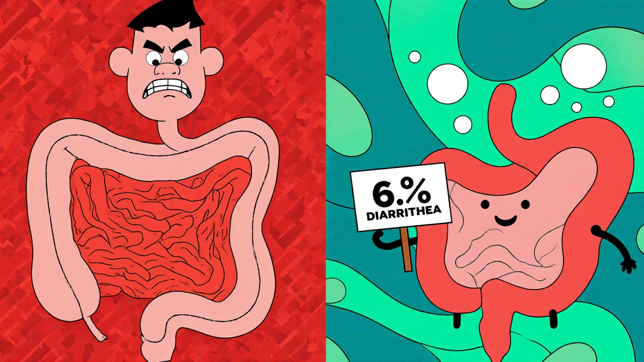 Side-by-side cartoon digestive systems comparing statin and ezetimibe effects with bold geometric shapes.