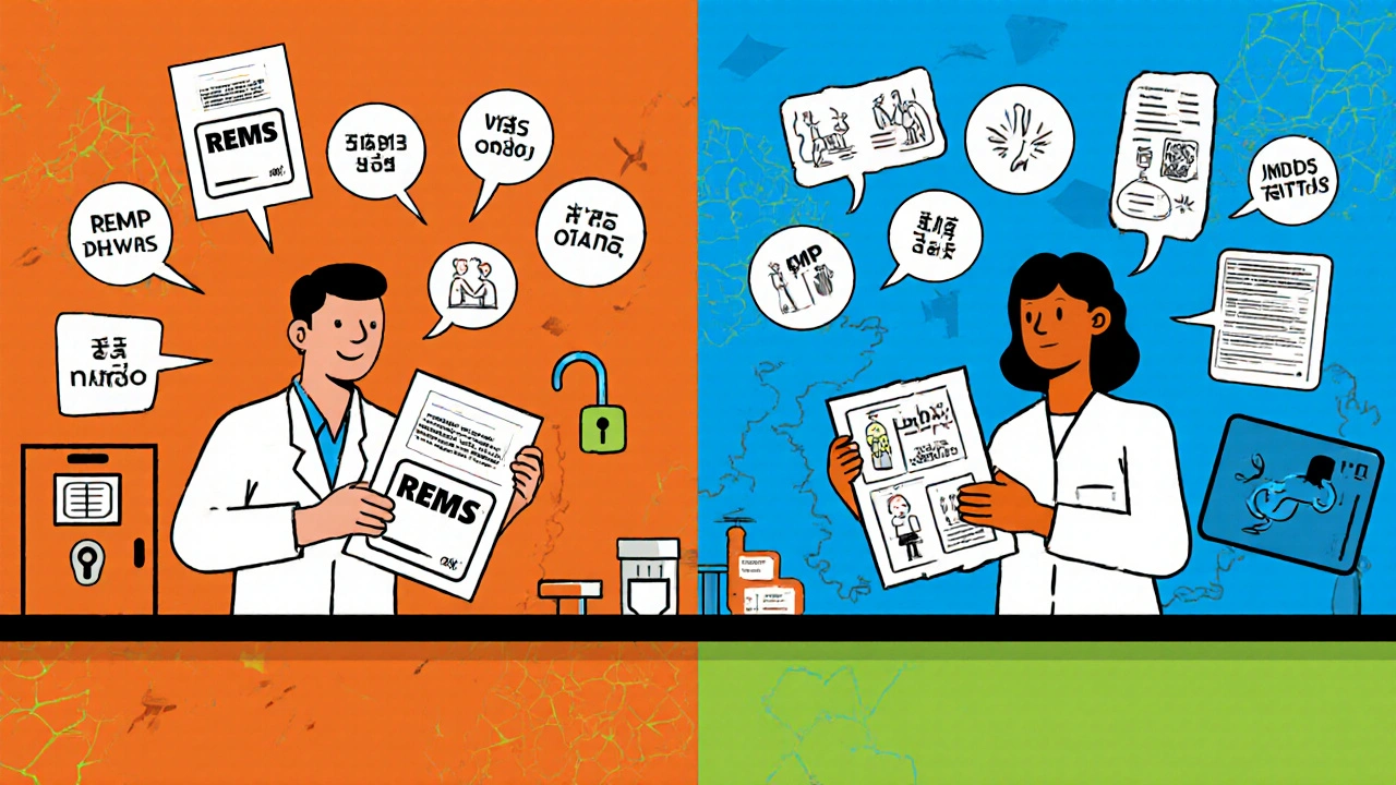 Split lab bench: U.S. pharmacist with rigid REMS label vs. European pharmacist with flexible RMP label and multilingual bubbles.