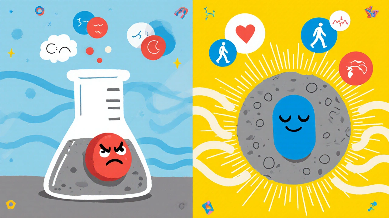 Split lab scene: statin draining muscle energy vs. CoQ10 reviving it, with abstract symbols of health in vibrant Memphis design.