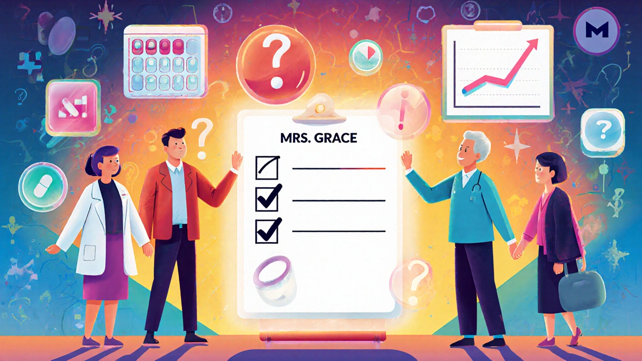 Team holding hands around a glowing checklist with geometric icons showing simplified medication success.