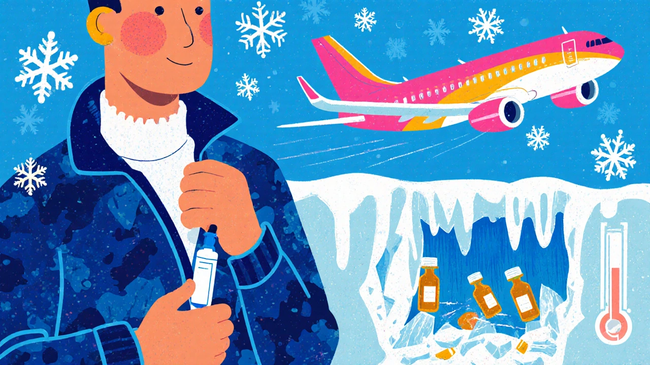 Traveler keeping insulin warm in jacket pocket amid freezing snowflakes and airplane.