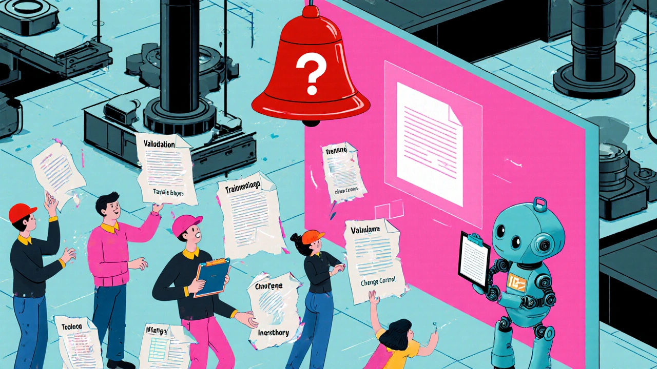 Workers organizing floating compliance documents in a vibrant, abstract room with a giant question mark alarm.
