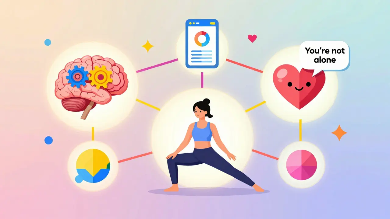 A colorful web of geometric shapes showing CBT, movement, and digital support as tools for managing chronic pain.