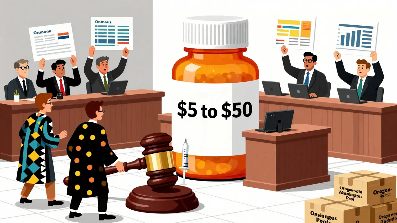 A courtroom trial for a price-gouged generic antibiotic, with state officials and pharmaceutical executives in Memphis-style attire.