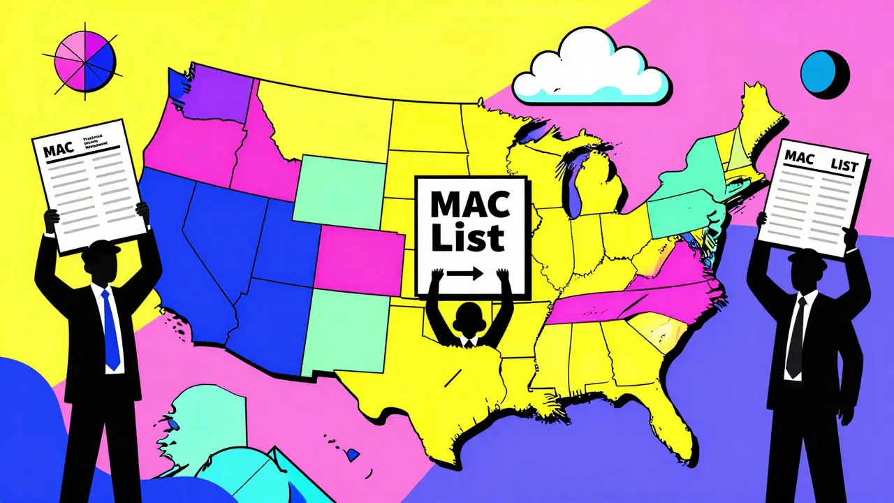 A map of U.S. states with price ceiling signs, shadowy PBMs holding inflated invoices, and geometric shortage clouds.