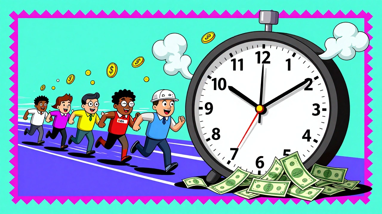 A melting patent clock with generic drug makers racing past, surrounded by dollar signs turning to coins.