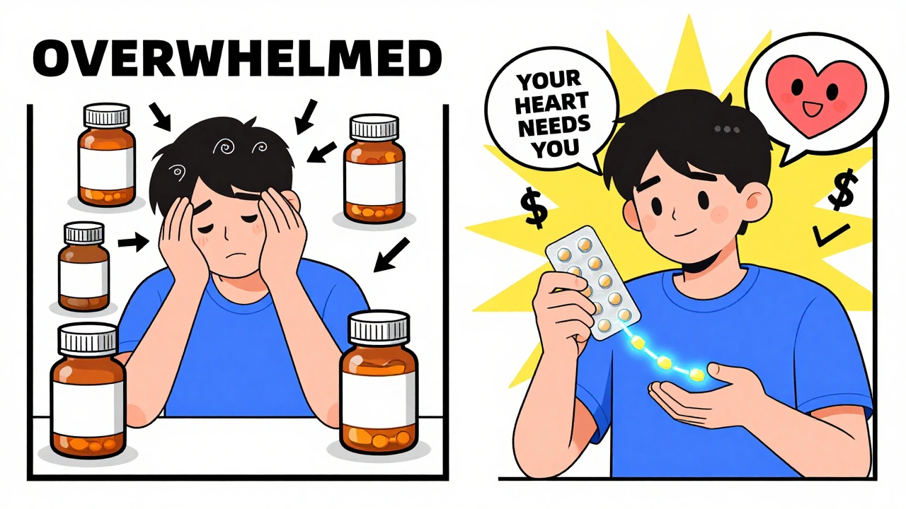 A patient overwhelmed by multiple pills transforms into one with a weekly pack and supportive AI nudge in vibrant abstract style.