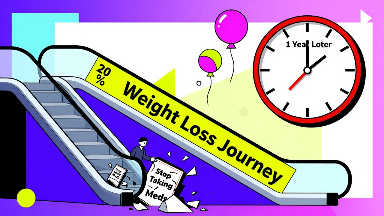 A person on a crumbling escalator labeled &#039;Weight Loss Journey&#039; with rising weight regain balloons in bold Memphis abstract design.