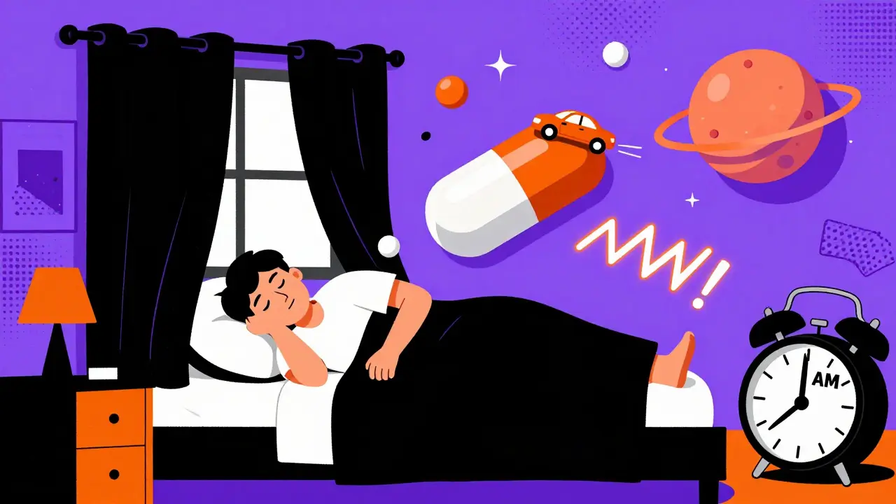 A person sleeps in a dark room while floating pills hover, one with a tiny car driving over it, in vibrant Memphis-style patterns.