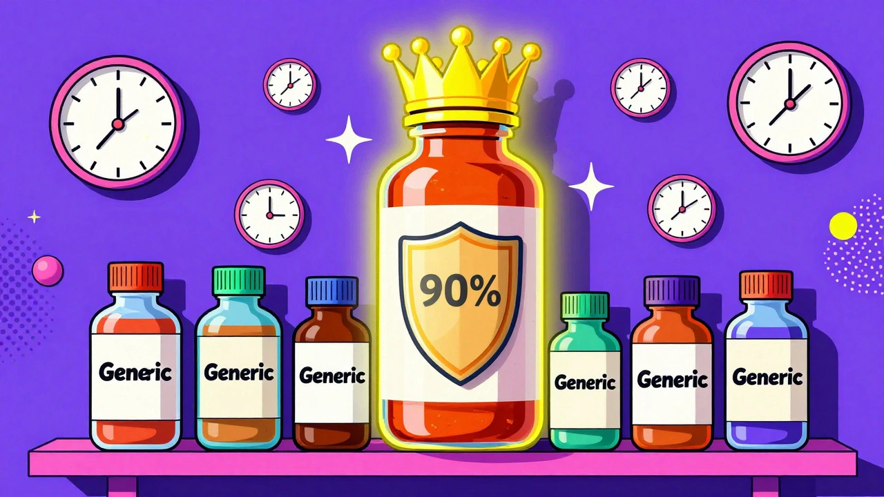 A pharmacy shelf with mostly generic bottles towering over a single branded drug under a patent crown.
