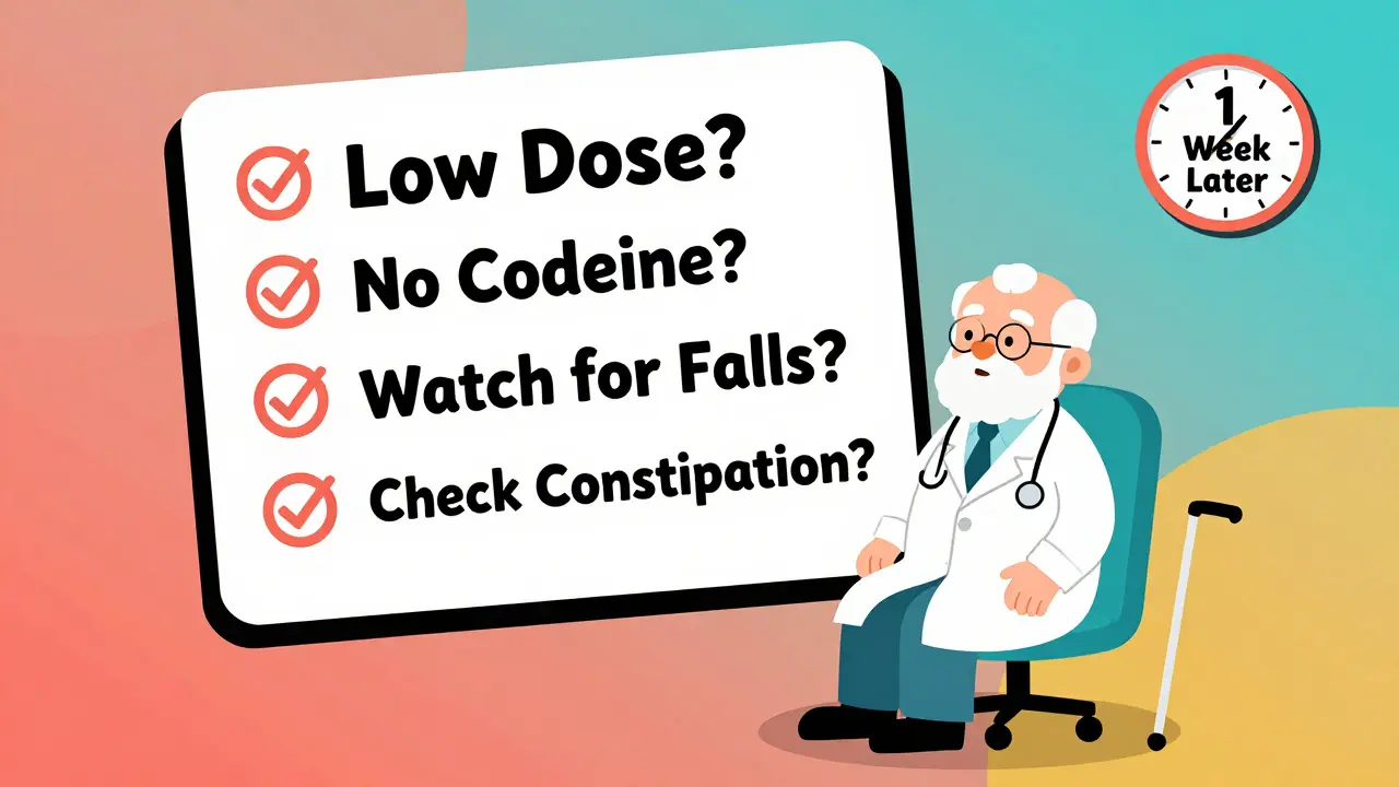 A senior in a doctor's office with a floating checklist for safe opioid use, rendered in playful Memphis Design geometric shapes.