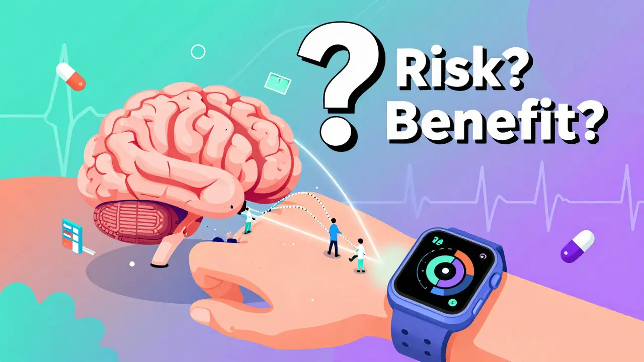 A smartwatch sending health data to a floating medical database with abstract icons