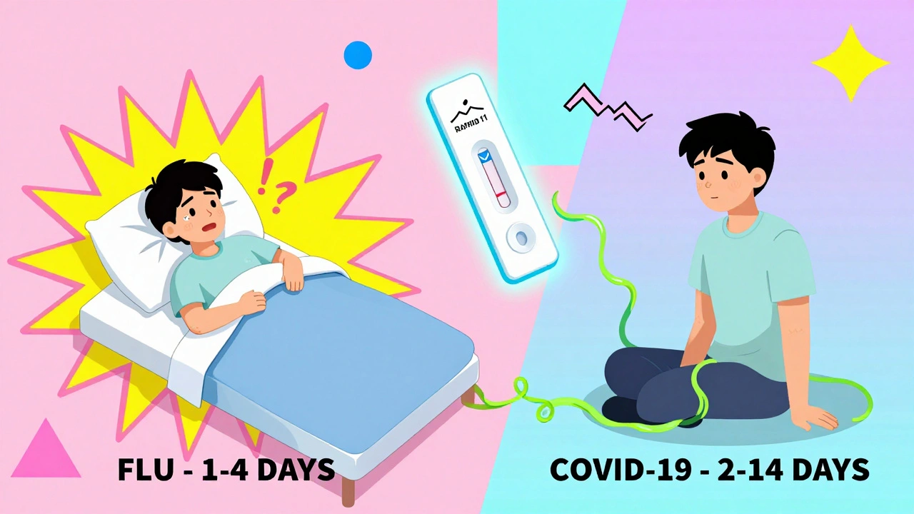 A split-day cartoon showing sudden flu symptoms versus slow COVID-19 onset, with a glowing combo test between them in bold Memphis colors.