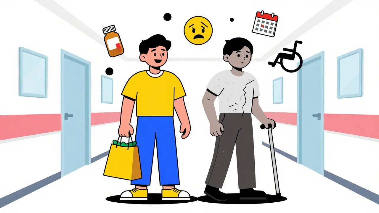 A split figure—one vibrant and active, the other faded and broken—symbolizing identity loss due to chronic pain.