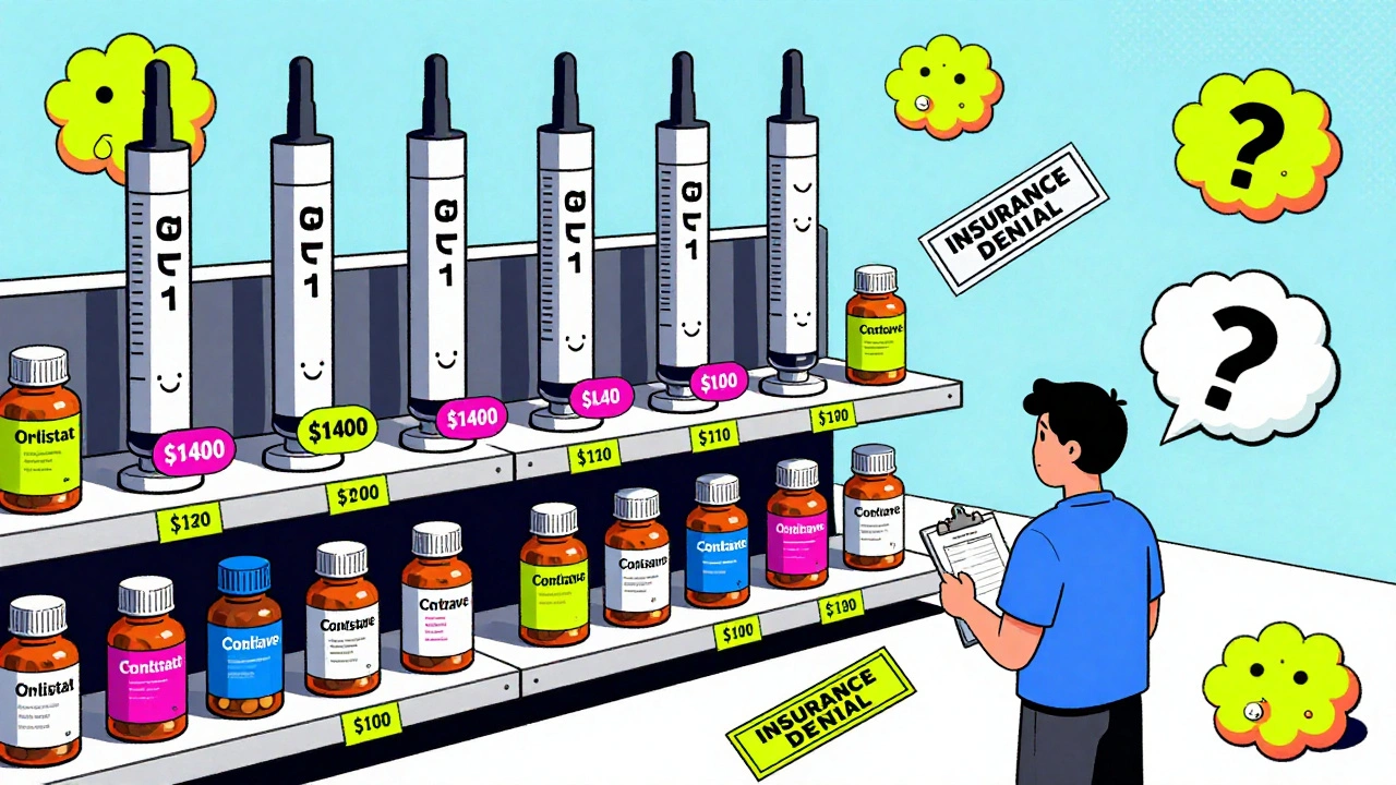 A surreal pharmacy shelf with giant GLP-1 pens towering over tiny pills, price tags, and nausea symbols in vibrant Memphis style.