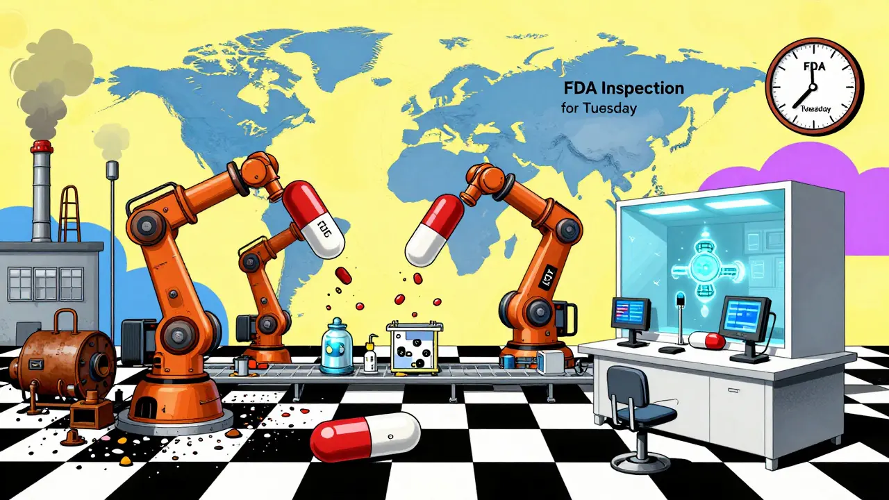 Abstract factory assembly line sending pills across continents with contrasting U.S. and overseas production scenes.