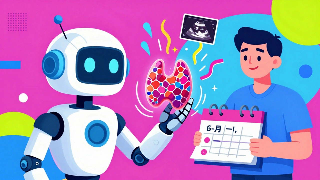 AI robot analyzing a mosaic nodule with gene data streams in vibrant Memphis colors