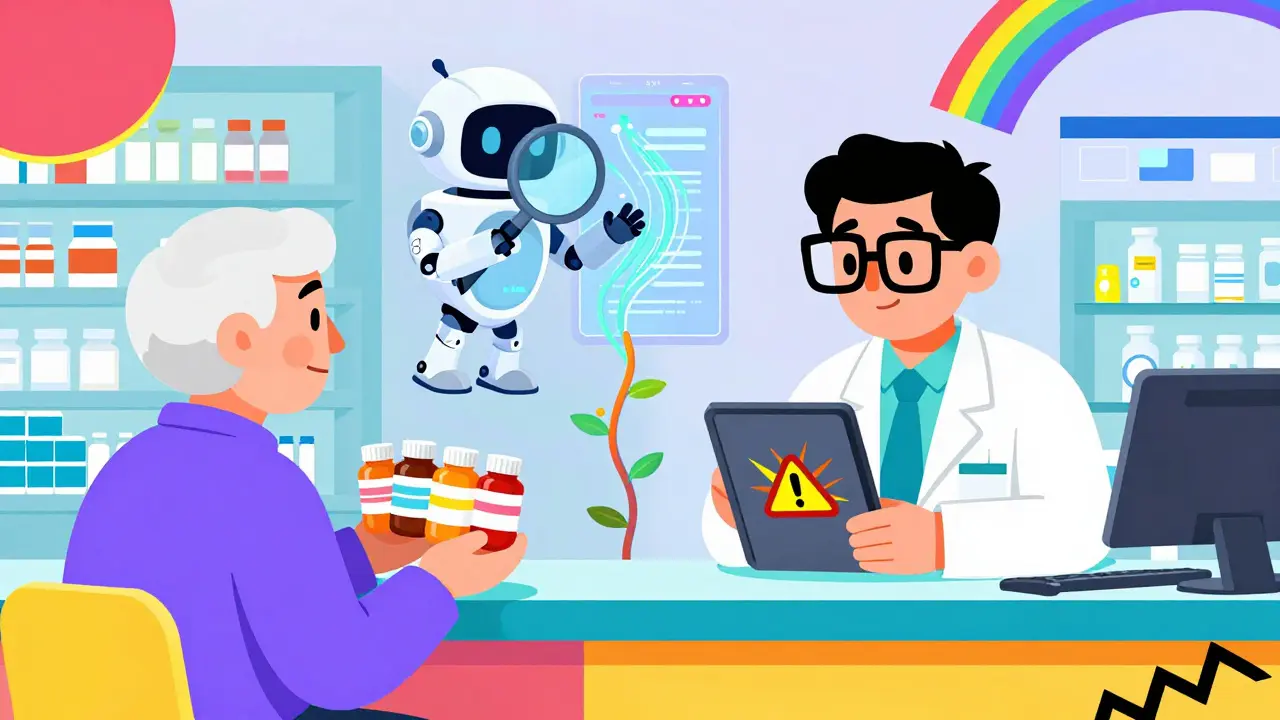 An elderly patient and pharmacist surrounded by exploding medication alerts in a busy pharmacy