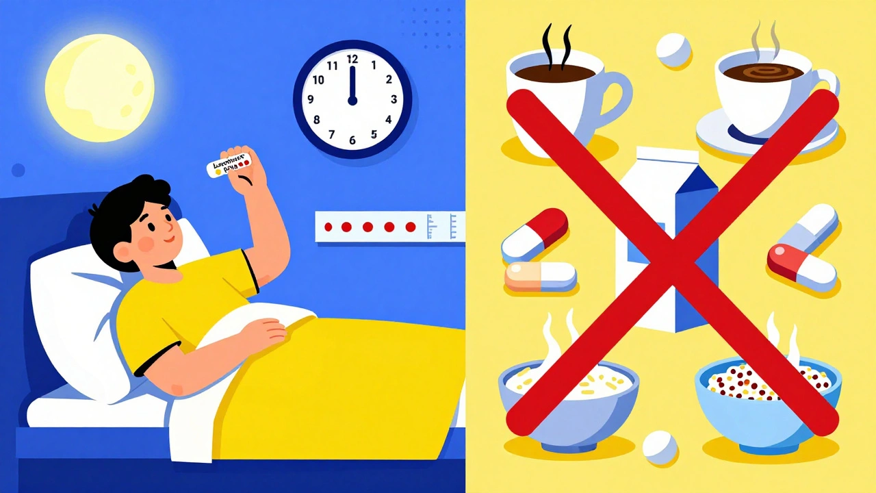 Bedtime thyroid medication routine with moon and fasting zone, banned items marked with red stripes in Memphis style.