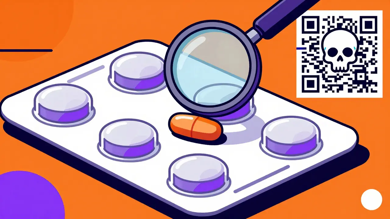 Blister pack with misaligned pills and glitching QR code, magnified imprint showing fake printing flaws.