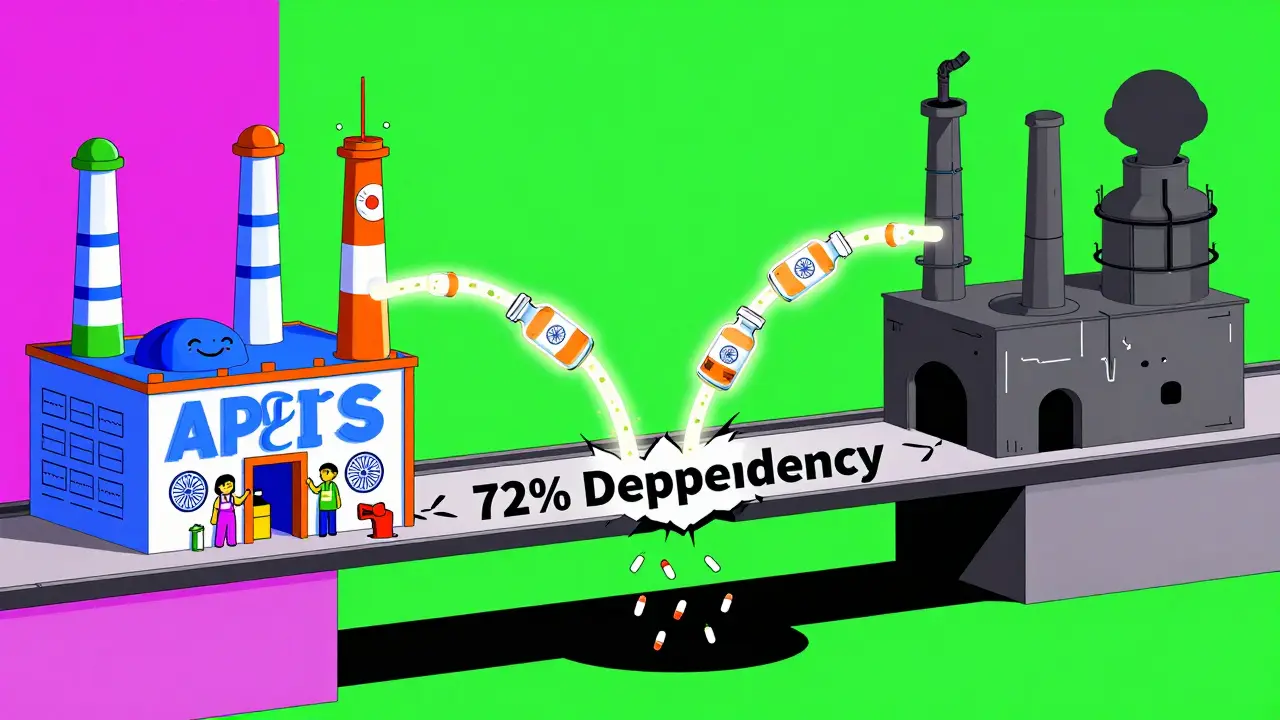 Bridge connecting Chinese and Indian factories with falling pills and a crack labeled '72% Dependency'