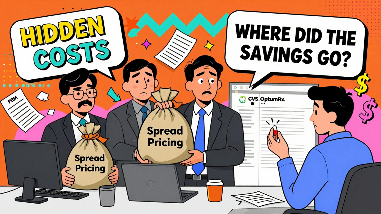 Cartoon PBM middlemen holding money bags while confused patient holds a small pill.