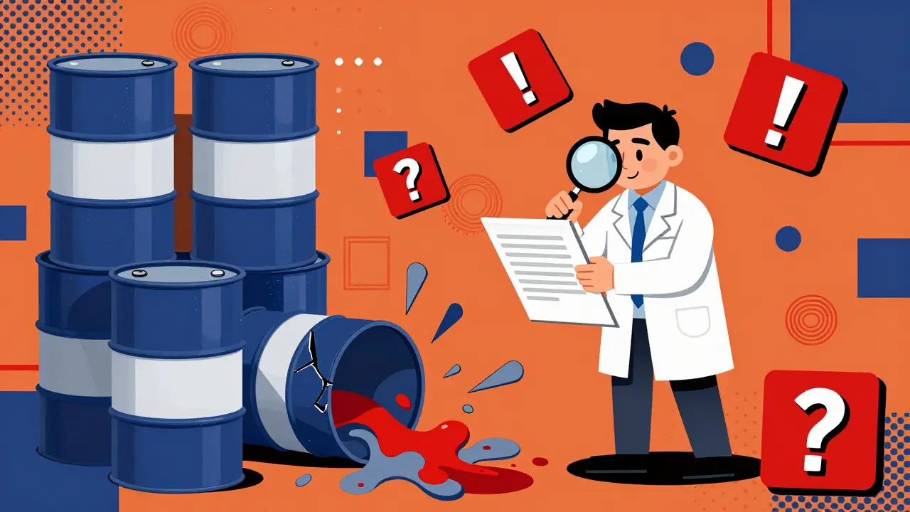 Chaotic Chinese drug factory with leaking drums and warning signs in bold geometric Memphis style