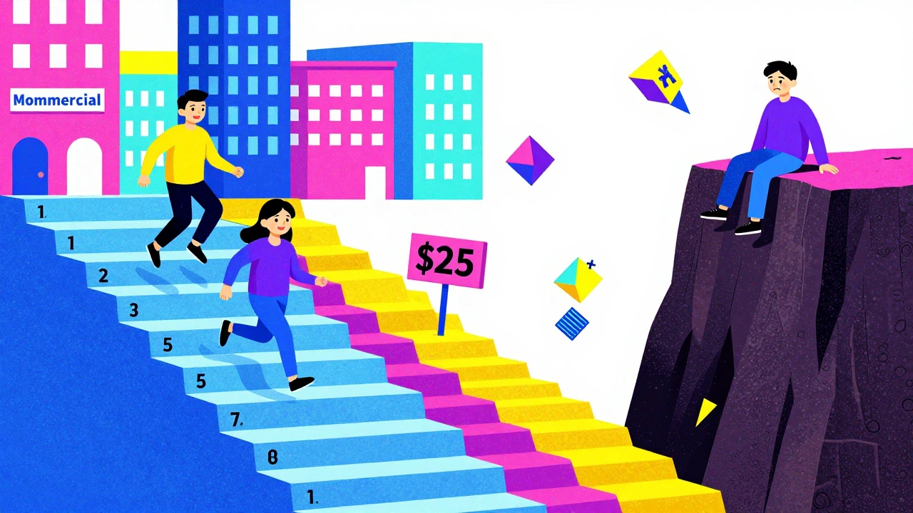 Colorful tiered drug cost staircase with happy patients on generic tier and struggling on brand tiers.