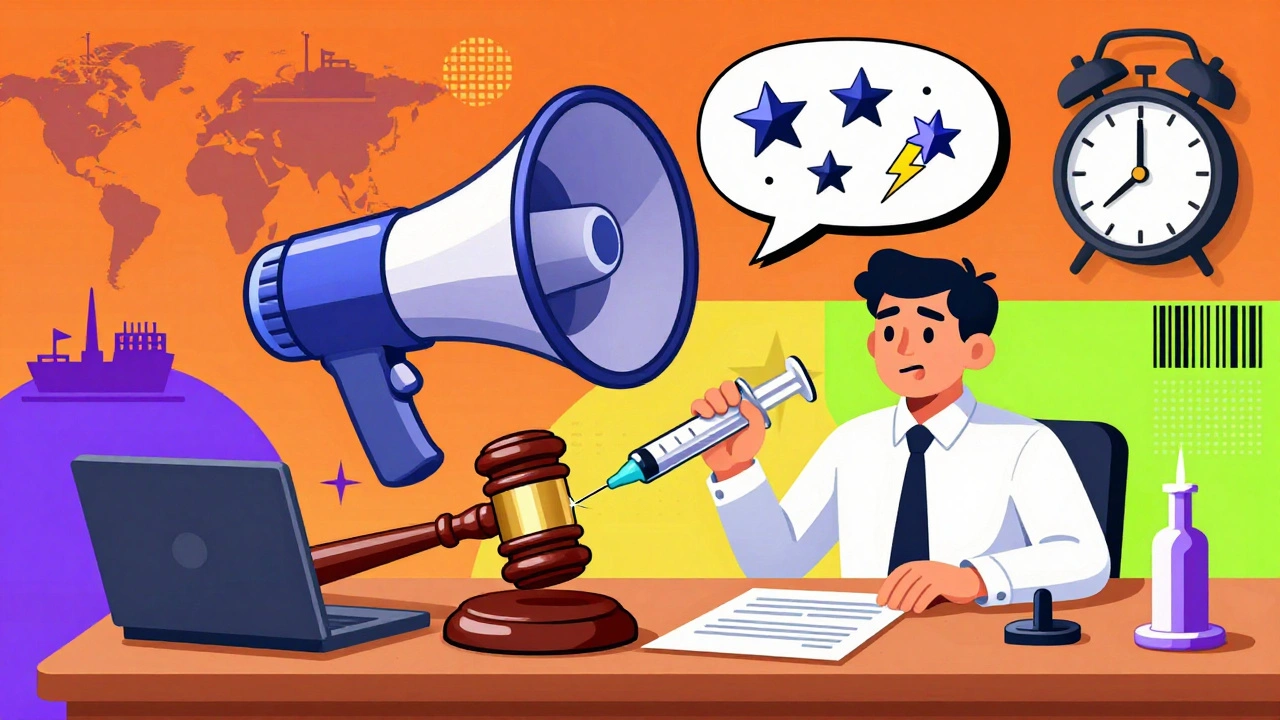 Courtroom with syringe gavel and FDA megaphone, Memphis design with global supply chain icons