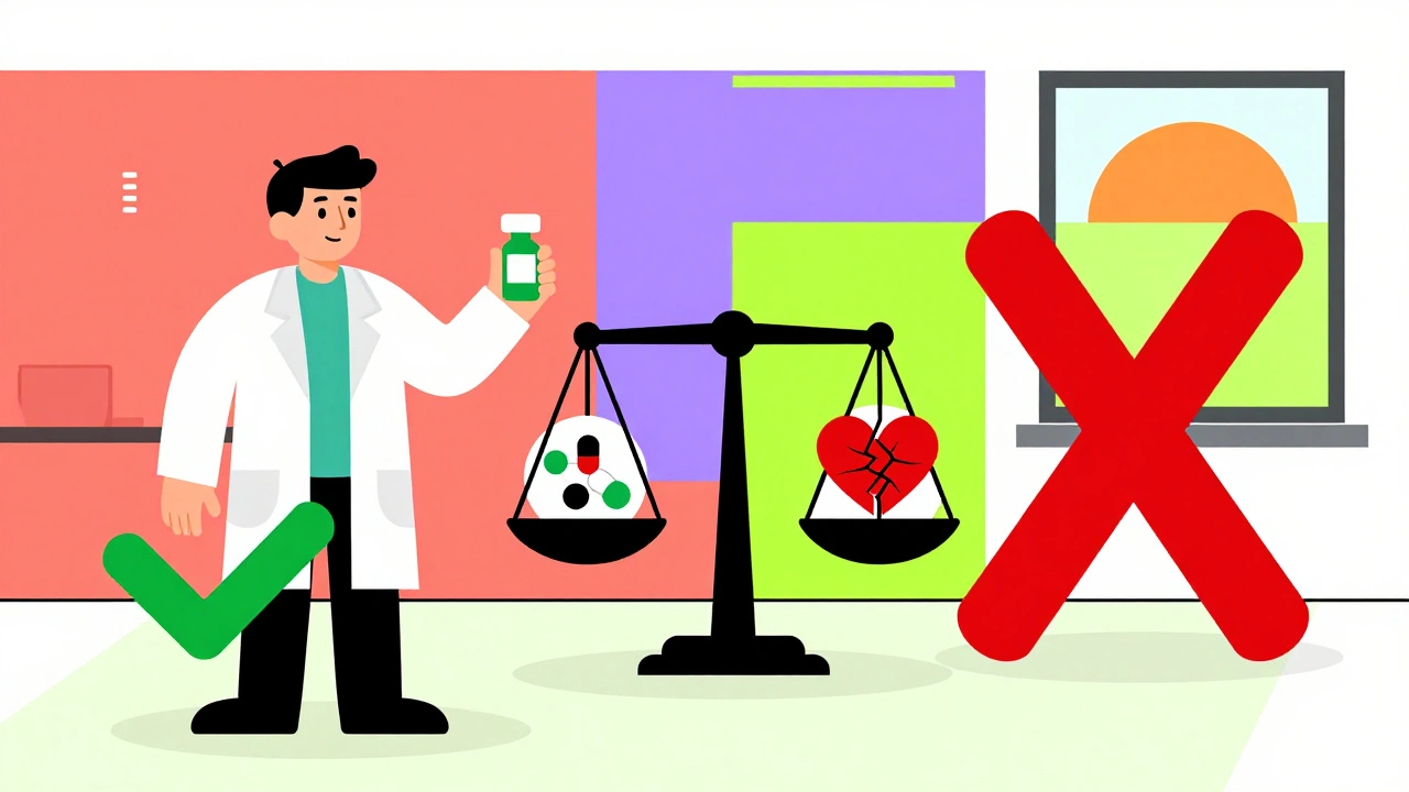 Doctor choosing safe antibiotic over risky one with visual risk scale in Memphis style