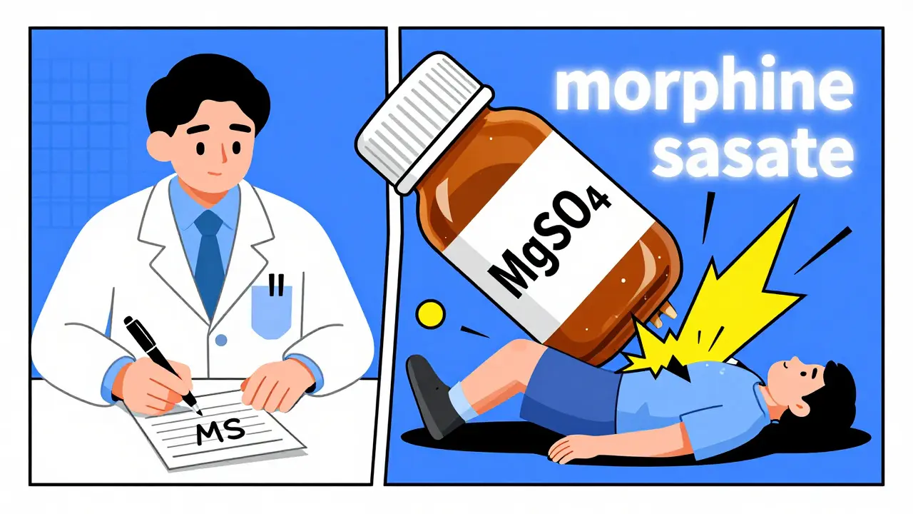 Doctor writes 'MS' on paper while patient collapses under mistaken magnesium sulfate bottle.