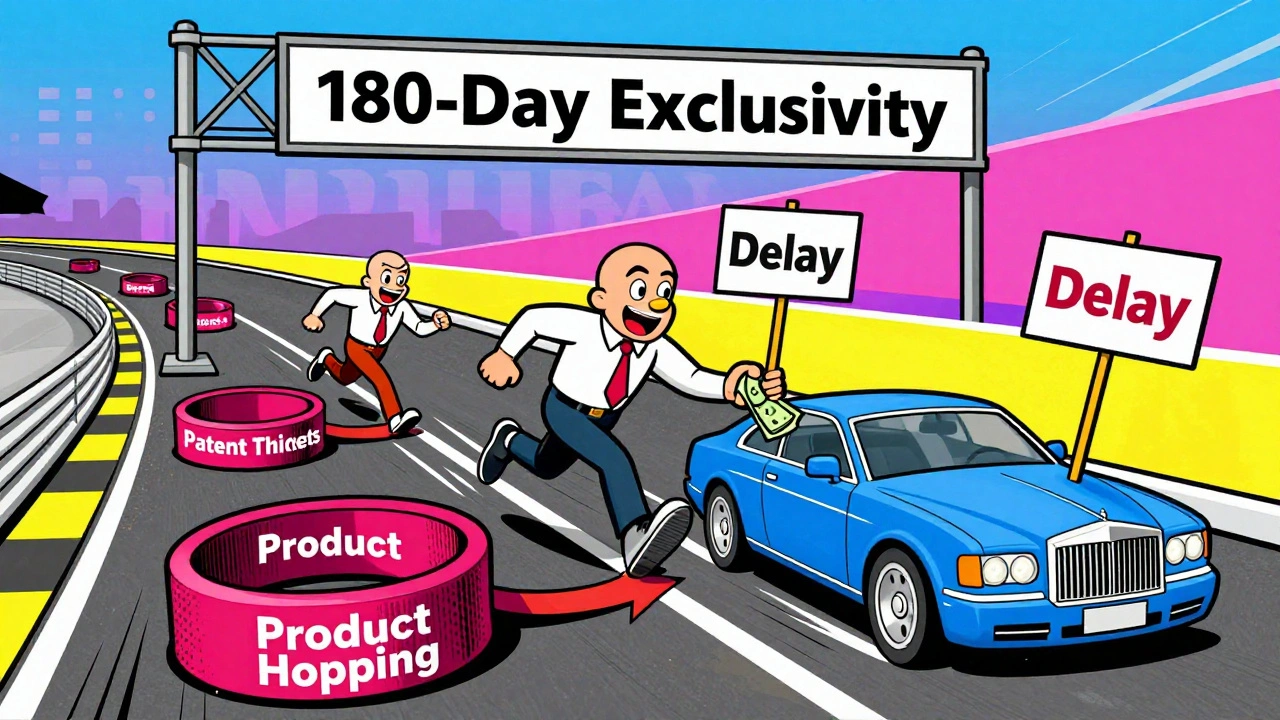 Generic drug companies racing toward exclusivity while blocked by rubber bands labeled &#039;Patent Thickets&#039;.