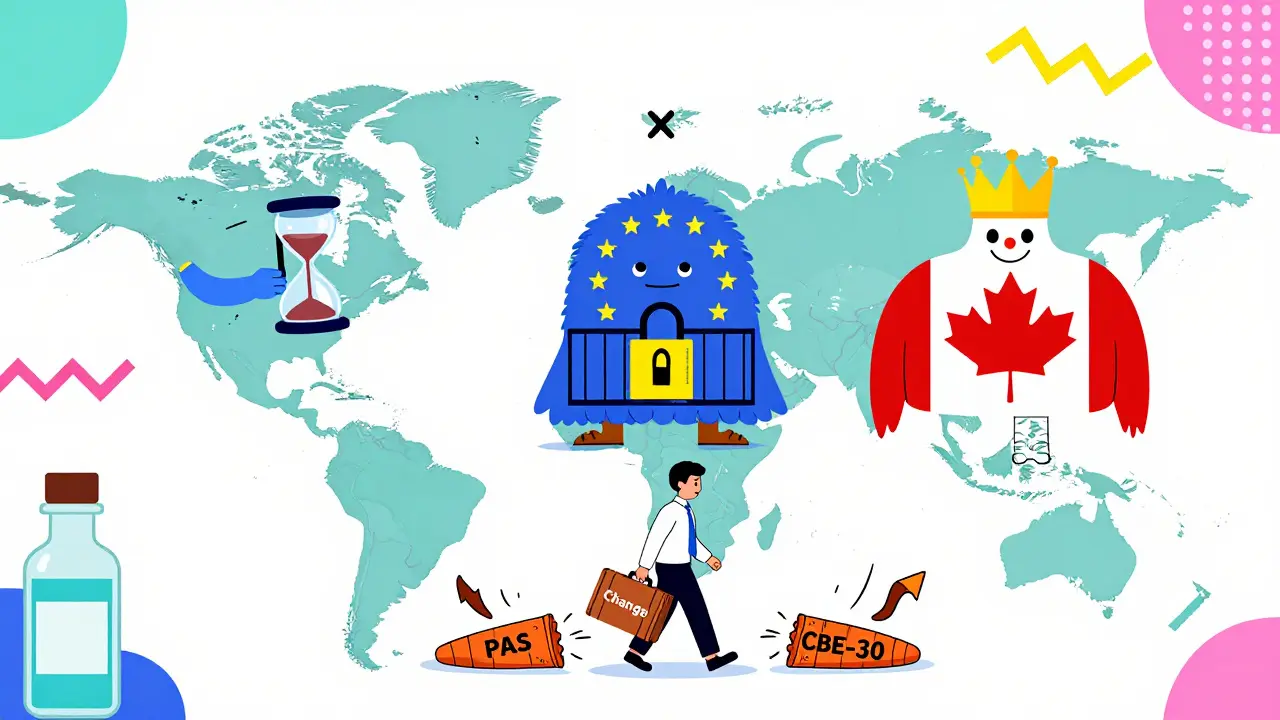 Global map with regulatory monsters and a nervous worker avoiding change control landmines in vibrant Memphis Design style.